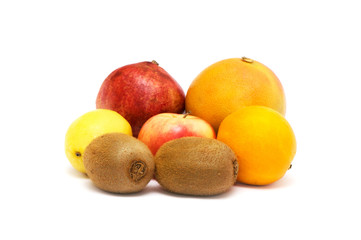 grapefruit,  lemon, kiwi, orange and apple on a white background