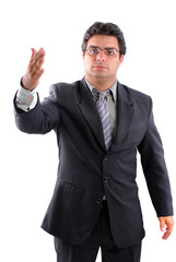 Businessman making a speech on white .