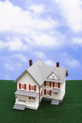 White home on grass with sky background with copy space