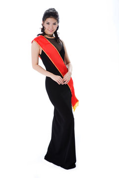 Woman Friendly Smile Of A Pageant Queen Wearing Red Sash