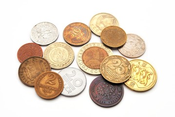 Coins of the various countries on a white background