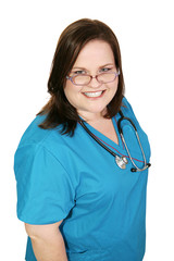 Beautiful plus sized woman in nursing scrubs.  Isolated 