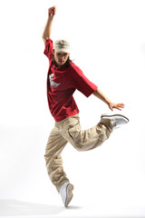 hip-hop dancer posing on a white background