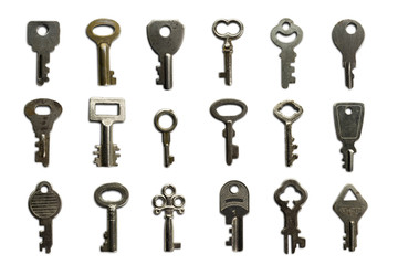 a dozen and a half of mail-box and other small keys on white