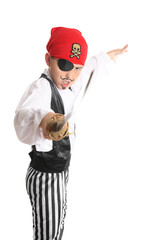 Pirate weilding a sword battles for his ill-gotten riches.  