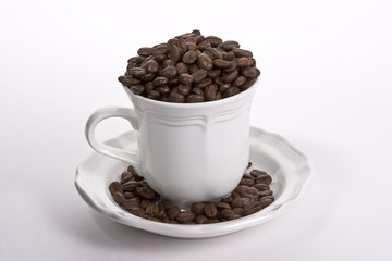 Coffee cup full of whole beans with white background