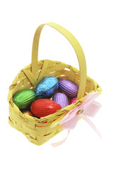 Easter Eggs in Bamboo Basket on White Background