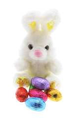 Easter Toy Bunny and Easter Eggs on White Background