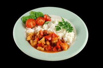 Spicy chicken lentil and pepper stew with rice 