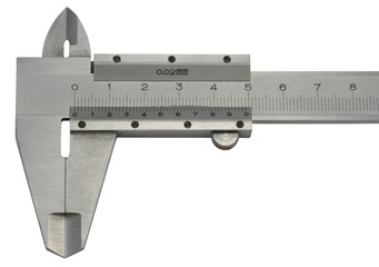 Precision metal caliper detail, isolated on white.