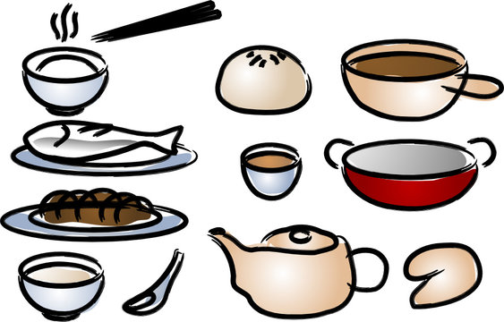 Chinese cuisine icons, done in painted brush style