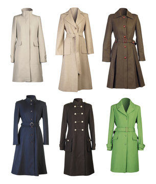 Six woman coats isolated on white background