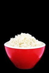 Red bowl of basmati rice, perfectly cooked. 