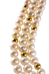 Pearl necklace with gold balls on a white background
