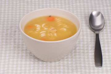 Chicken noodle soup with a spoon and bowl