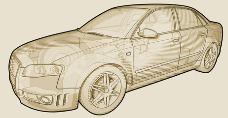 Perspective sketchy illustration of an Audi A4.