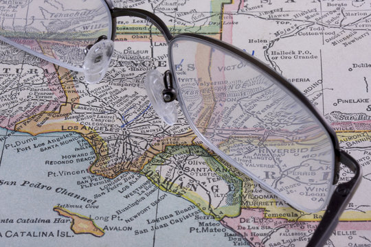 Los Angeles area on antique map  (1926) with reading glasses