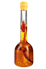 Olive oil with pepper isolated on white background