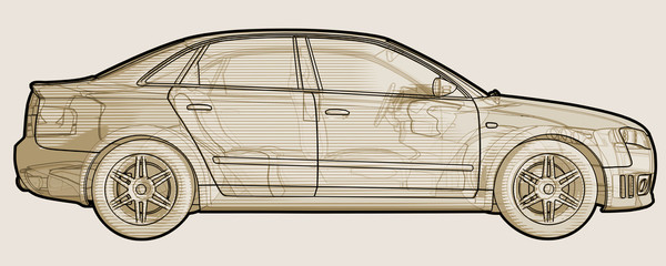 Perspective sketchy illustration of an Audi A4.