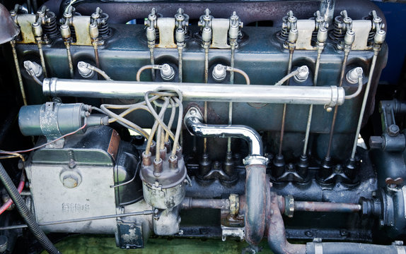 View of a vintage car engine.