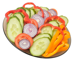 Close-up view to sliced vegetables on white background