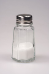 Close-up shot of a salt shaker on white background.