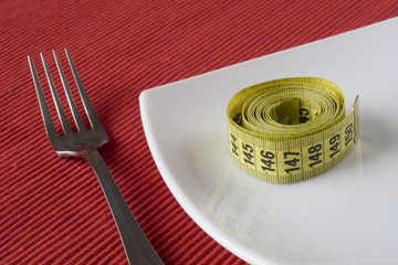 Fork, plate and a measure tape. 