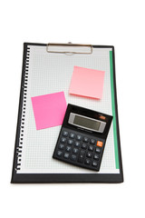 Binder with post-it notes and calculator isolated