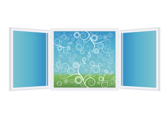 Open window illustration with with spiral floral patterns
