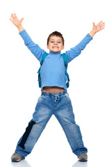 Funny jumping boy. Isolated over white background.