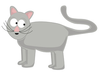 Cartoon silly gray cat with tail in motion 