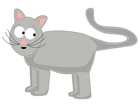 Cartoon silly gray cat with tail in motion 