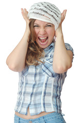 attractive girl close one's ears and screaming