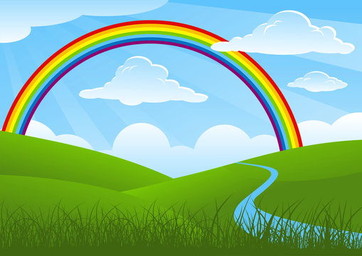 Summer landscape with rainbow and river