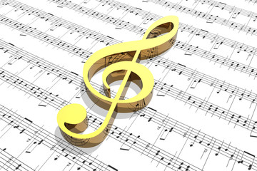 treble clef on sheet of printed music