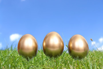 Three golden eggs on grass over blue sky