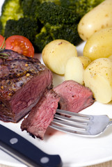 A grilled top sirloin steak .. medium with broccoli 