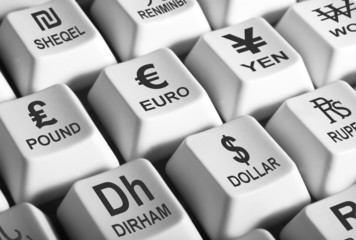 B/W image of computer keys showing world's major curencies