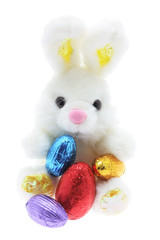 Easter Toy Bunny and Easter Eggs on White Background