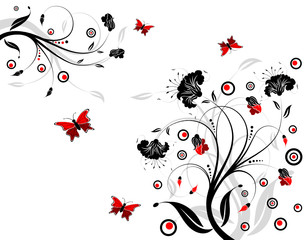 Fototapeta premium Flower background with butterfly and circle, vector illustration
