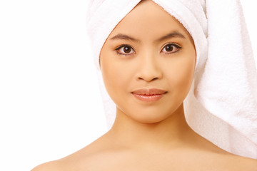 Fresh and Beautiful woman wearing white towel on her head