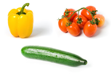 pepper tomato and cucumber isolated on white background