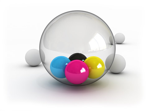 CMYK balls in glass sphere