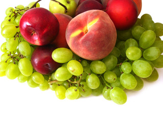 Naklejka na ściany i meble many fruits on white background (peach, grapes, plume and apple)