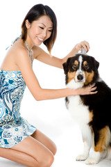 A young woman brushing her pet dog