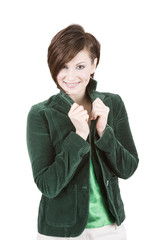 Beautiful Brunette In Green Smiling