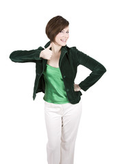 Beautiful Brunette In Green Smiling And Giving Thumbs Up