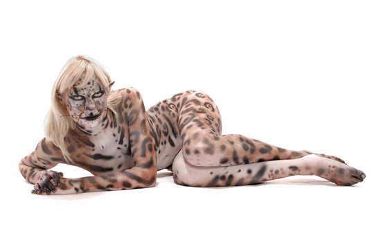 woman body painted as snow leopard stretched out white 
