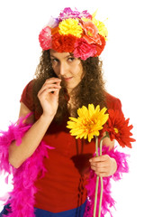 attractive girl with flower hat and pink feathers