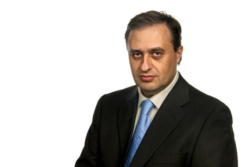 Business man full of thoughts - isolated over a white background